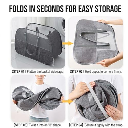 150L Collapsible Laundry Basket, 3-Compartment Hamper, Grey