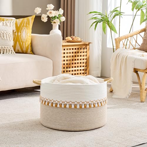 KAKAMAY Large Blanket Basket with Handles, Storage Basket for Living Room - color: Brown and Taupe