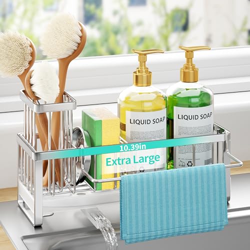 HapiRm Sponge Holder for Kitchen Sink - Self-draining Sink Caddy with Brush and Dishcloth Holder, Stainless Steel Sponge Caddy for Countertop - Silver(Large) - color: Silver-Large, size: with Dishcloth Holder