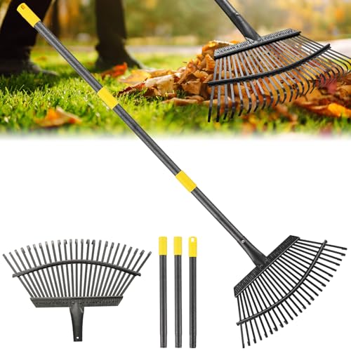 Rake, Garden Rake for Leaves, Heavy Duty Metal Leaf Rakes with 37-65 inch Adjustable Steel Handle, 25 Tines 18" Wide Rake Garden Tools for Lawns Yard Flower Bed Grass Mulch Shrub Camping Gardening - style: 25 Tines - 65 Inch