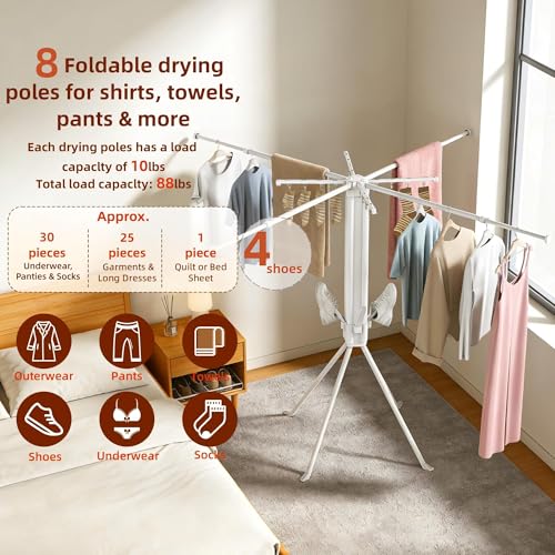 Clothes Drying Rack Foldable, 4-Leg Base, 16 Clips, 4 Shoe Holders - size: Height 52 inch-White