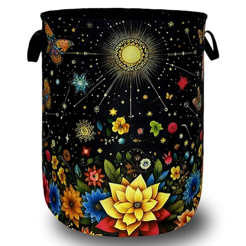 Colorful Flowers Butterfly Laundry Basket Oxford Cloth Hamper 18.9x16.5 In - color: Bright Flowers Butterfly With Moon