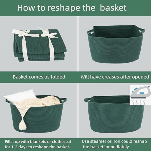 XUANGUO Large Woven Cotton Rope Blanket Basket 22"x17"x12" Dark Green - color: Dark green