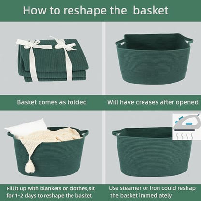 XUANGUO Large Woven Cotton Rope Blanket Basket 22"x17"x12" Dark Green - color: Dark green