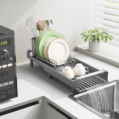 TOOLF Small Dish Drying Rack, Expandable and Space-Saving, Gray - color: Gray