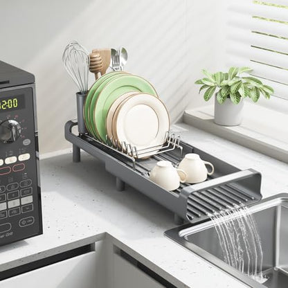 TOOLF Small Dish Drying Rack, Expandable and Space-Saving, Gray - color: Gray