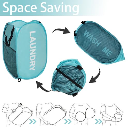 2Pack Mesh Pop Up Laundry Hamper, Foldable Laundry Basket with Side Pocket for Bedroom, Laundry Room, Travel, Cruise (Black+Blue) - color: Black + Sky Blue