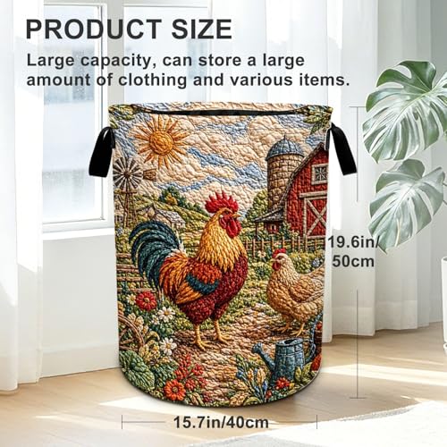 Rooster Print Laundry Basket Foldable Oxford Laundry Hamper With Handle For Room Bathroom Bedroom - color: Rooster