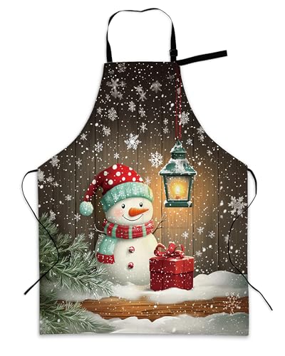 Cooking Aprons for Men and Women,Adjustable Bib Chef Apron with 2 Pockets, Soft and Durability Kitchen Apron - color: Christmas Cute Snowman Snowflake