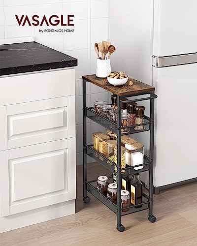 VASAGLE 4-Tier Slim Rolling Storage cart with Wheels, 8.7 Inches, Metal - color: Rustic Brown + Classic Black, size: 4 Tiers (8.7"D x 30.3"H)