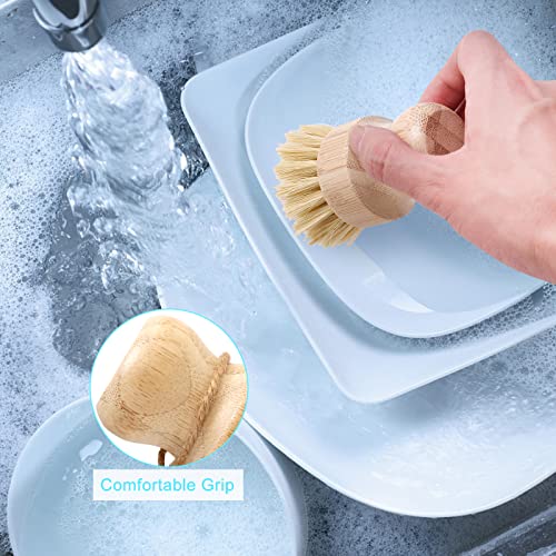 Bamboo Dish Brush Set, 4 Pcs Palm Wooden Dish Scrubber Brush, Dish Brushes, Durable Wood Dishes Scrub Brush, Natural Round Vegetable Cleaning Pots Pans Sink Washing Kitchen Brush by Aisuly