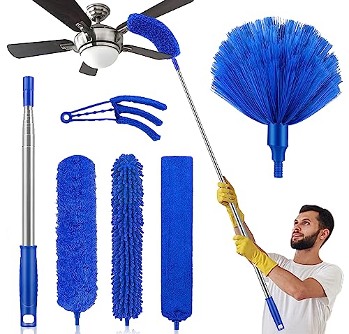 Duster with Extension Pole for High Ceilings & Ceiling Fans, Cobweb Duster - color: Blue