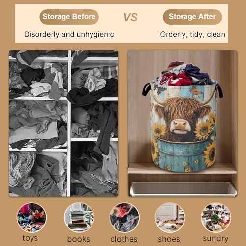 Large Laundry Basket,Highland Cow Collapsible Laundry Baskets,Sunflower Butterfly Waterproof Oxford Hamper with Handles for Bathroom Bedroom Nursery Home Storage 16"x20" - color: Highland Cow,Sunflower Butterfly,Blue Wooden