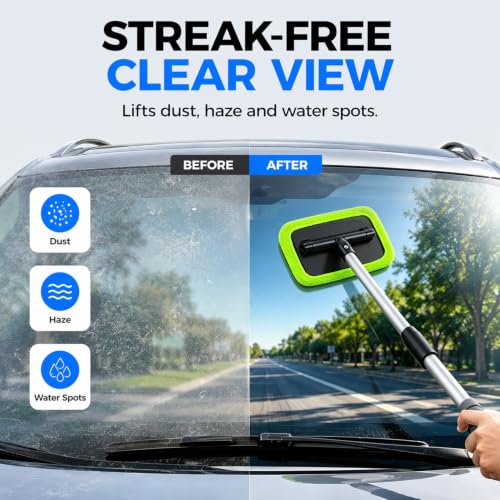 XINDELL Interior Windshield Cleaner Tool – Car Window Cleaning Tool 27inch Extendable Long Handle for Easy Cleaning, 9pcs Reusable Microfiber Pads, Streak-Free Interior & Exterior Auto Glass Cleaner - size: 27in