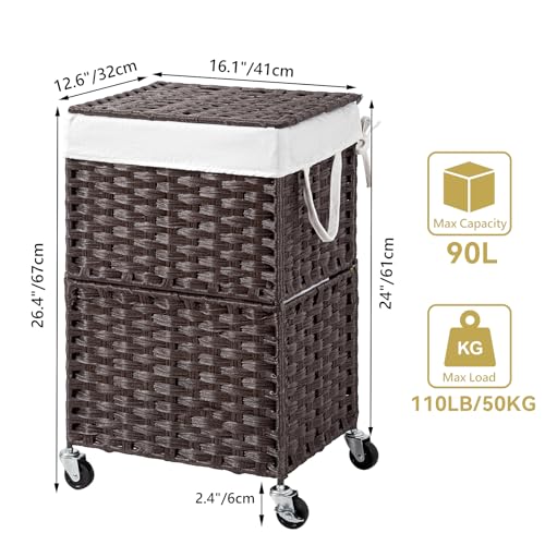 Chrislley Wicker Laundry Basket with Wheels,Rolling Laundry Hamper with Lid - color: Brown