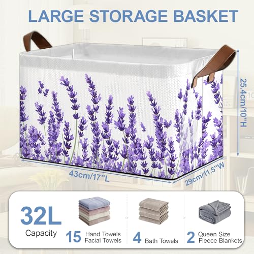 Lavender Storage Baskets,Foldable Organizer Bin with Handles for Home Living Room Bedroom Closet Box 17x11.5x10Inch - color: Lavender