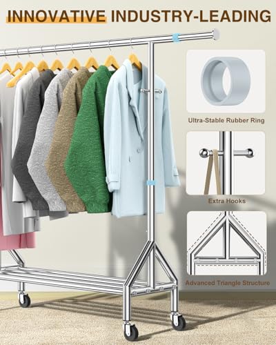 Upgraded 100% Stainless Steel Clothing Rack Load 760LBS, Heavy Duty Clothes Racks with Larger & Sturdy Wheel, Extendable & Adjustable Rolling Garment with Shelves for Hanging Portable Closet Rack - color: Silver, style: 1 Single Rod
