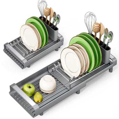 TOOLF Small Dish Drying Rack, Expandable and Space-Saving, Gray - color: Gray
