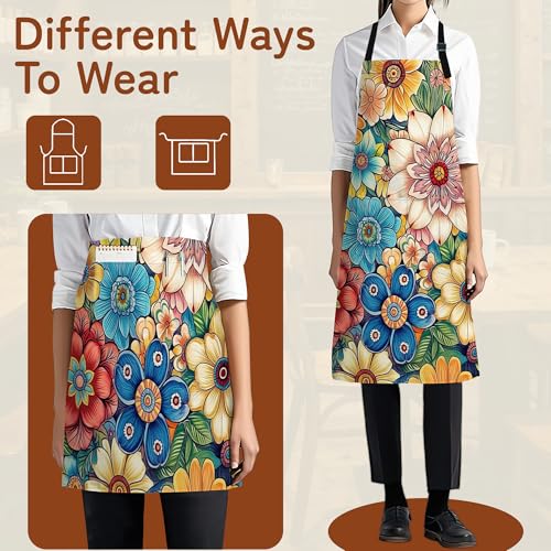 Cooking Aprons for Men and Women,Adjustable Bib Chef Apron with 2 Pockets, Soft and Durability Kitchen Apron - color: Flower Cute Mandala Floral