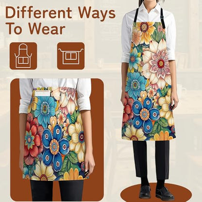 Cooking Aprons for Men and Women,Adjustable Bib Chef Apron with 2 Pockets, Soft and Durability Kitchen Apron - color: Flower Cute Mandala Floral
