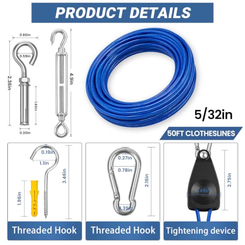 50FT Outdoor Clothesline Wire Rope System, Adjustable Steel Laundry Line with Pulley & Turnbuckle, Heavy Duty Clothes Line for Camping, Outdoor & Backyard Use (Blue) - color: Blue, size: 50FT