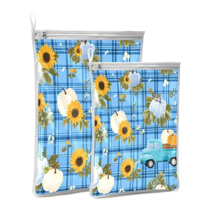 Mesh Laundry Bags Lingerie Bags for Washing Delicates 2 PCS Durable Wash Bag with Zipper Small and Medium Washable Blue Plaid Sunflower Pumpkin - color: Blue Plaid Sunflower Pumpkin