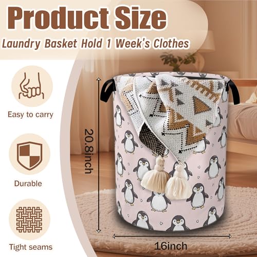 Cute Penguin Laundry Hamper,Pink Laundry Baskets,Waterproof Oxford Cloth Toy Storage for Bedroom,Bathroom,Nursery,16x20.8 Inch - color: Cute Penguin,Pink