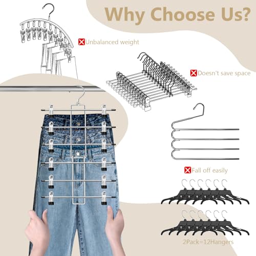 Pants Hangers with Clips,Space Saving Hanging Closet Organizer-6 Tiers Skirt Hangers with 360° Swivel Hook,Closet Organizer-Clothes Hangers- College Dorm Essentials Apartment Essentials- 4 Pack - size: 4 pack
