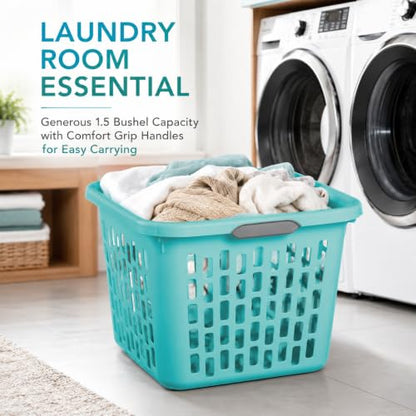 Teal Laundry Basket 1.5 Bushel Square with 2 Handles - color: Blue 1.5 Bushel