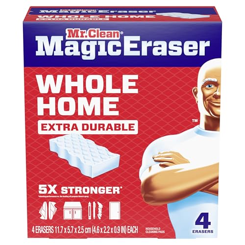 Mr. Clean Magic Eraser Sponge, All Purpose Cleaner, Cleaning Scrubber, Wall, Sneaker, Kitchen, Bathroom, Shower Cleaner, Cleaning Supplies, Melamine Sponge, Cleaning Pads, Extra Durable, 4ct