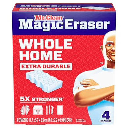 Mr. Clean Magic Eraser Sponge, All Purpose Cleaner, Cleaning Scrubber, Wall, Sneaker, Kitchen, Bathroom, Shower Cleaner, Cleaning Supplies, Melamine Sponge, Cleaning Pads, Extra Durable, 4ct