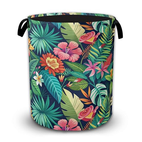 Summer Tropical Flowers Large Capacity Laundry Basket with Handles, Waterproof Foldable Laundry Hamper for Clothes Storage, Ideal for Bedroom Bathroom Dorm - color: Tropical Flowers Leaves