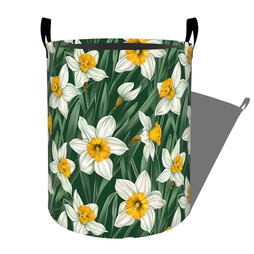 White Daffodils Floral Laundry Basket, Dorm Nursery Foldable Laundry Hamper Organizer for Bathroom Decor, Toy Clothes Storage Box for Bedroom 19.7x15.7 Inch - style: Floral05