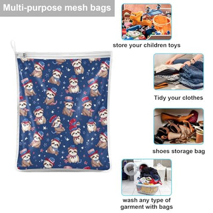 Mesh Laundry Bags Lingerie Bags for Washing Delicates 2 PCS Durable Wash Bag with Zipper Small and Medium Washable 4th July Sloths Blue - color: 4th July Sloths Blue