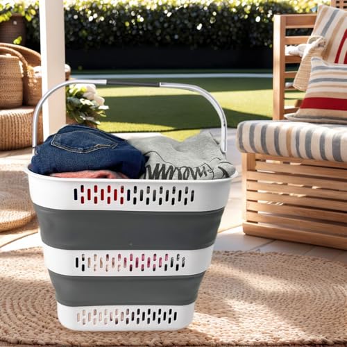 SAMMART 40L (10.5 Gallon) Collapsible Plastic Laundry Basket with Handles - Foldable Pop Up Storage Container/Organizer - Portable Laundry Hamper - Space Saving (1, White/Steel Grey) - color: White/Steel Grey
