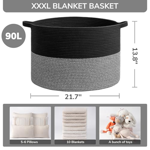 INDRESSME XXXLarge Woven Rope Blanket Basket Living Room Black Grey - color: Black & Grey, size: 21.7"D x 13.8"H