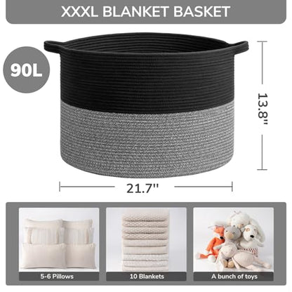 INDRESSME XXXLarge Woven Rope Blanket Basket Living Room Black Grey - color: Black & Grey, size: 21.7"D x 13.8"H