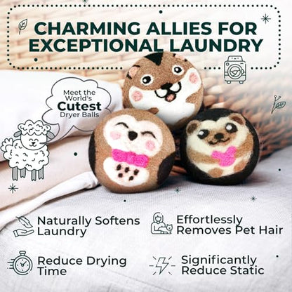 Chemical Free & Baby Safe! Reusable Wool Dryer Balls XL 6-Pack - Reduces Static, Cuts Dry Time, & Softens Naturally - color: Hamster & Friends