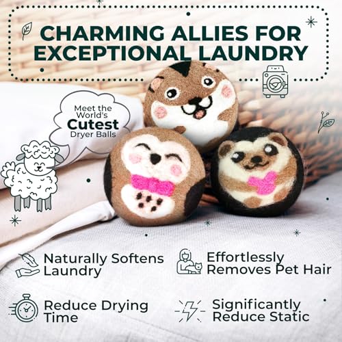 Chemical Free & Baby Safe! Reusable Wool Dryer Balls XL 6-Pack - Reduces Static, Cuts Dry Time, & Softens Naturally - color: Hamster & Friends
