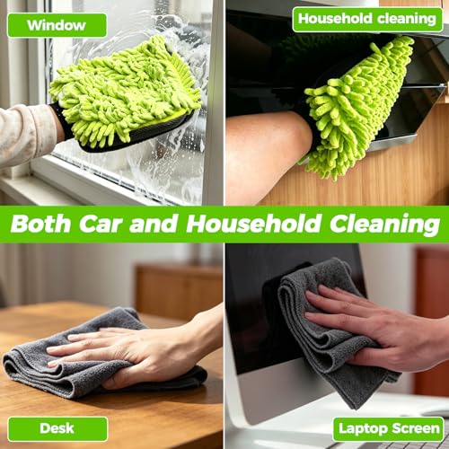 3-Piece Car Wash Kit: 2 Scratch-Free Chenille Microfiber Wash Mitts + 1 Large 400GSM Drying Towel, Lint-Free Auto Cleaning Set for Cars Trucks SUVs RVs