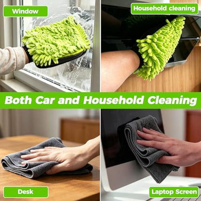 3-Piece Car Wash Kit: 2 Scratch-Free Chenille Microfiber Wash Mitts + 1 Large 400GSM Drying Towel, Lint-Free Auto Cleaning Set for Cars Trucks SUVs RVs