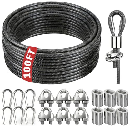 NAZOU 3/16 Inch Coated Steel Wire Rope, Hanging String Lights, Clotheslines - color: Gray, size: 100FT