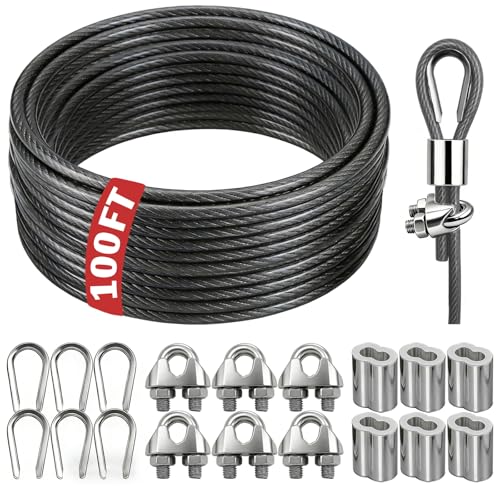 NAZOU 3/16 Inch Coated Steel Wire Rope, Hanging String Lights, Clotheslines - color: Gray, size: 100FT