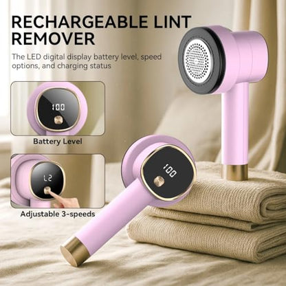 Rechargeable Fabric Shaver, 6-Leaf Blades, LED Display, 3 Speeds - color: Pink