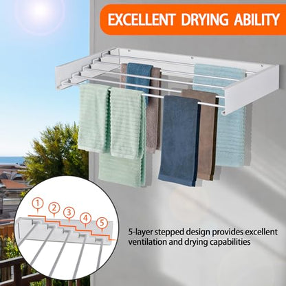 FOCHIER F Laundry Drying Rack Wall Mounted Clothes Drying Rack Collapsible with 5 Aluminum Rods and Drilling Template Long Screwdriver Bit 60 lbs Capacity (White, 40") - color: White, size: 40"