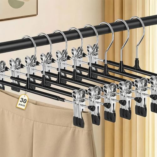 POZEAN Pants Hangers with Clips for Women 30 Pack, 12Inch Adjustable Heavy Duty Skirt Hangers, Space Saving Non-Slip Shorts Jeans Trousers Clothes Hangers, Black - color: Black, size: 30Pack