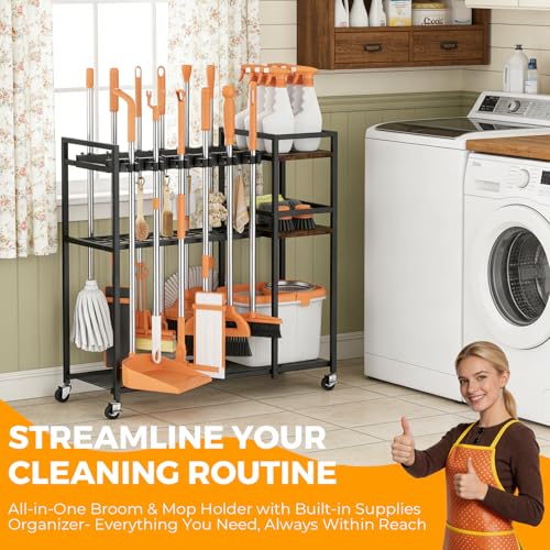 Broom Holder Cleaning Cart with Cleaning Supplies Organizer – 12 Grippers, 8 Hooks, 2 Mesh & 2 Board Racks, Large Grid Base, 4 Wheels – Rolling Storage for Home Laundry Room Organization