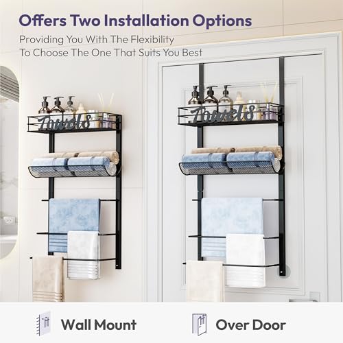 SWTYMIKI Over the Door Towel Racks for Bathroom - 5-Tier Wall Mounted Bathroom Towel Storage Organizer Holder with Metal Shelf, Black - color: Black