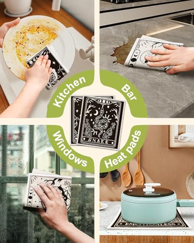 Miss Adola 8 Pack Reusable Kitchen Dishcloths - Absorbent, Fast Drying, Washable Swedish Towels with Cute Black Skull Design - color: White Skull