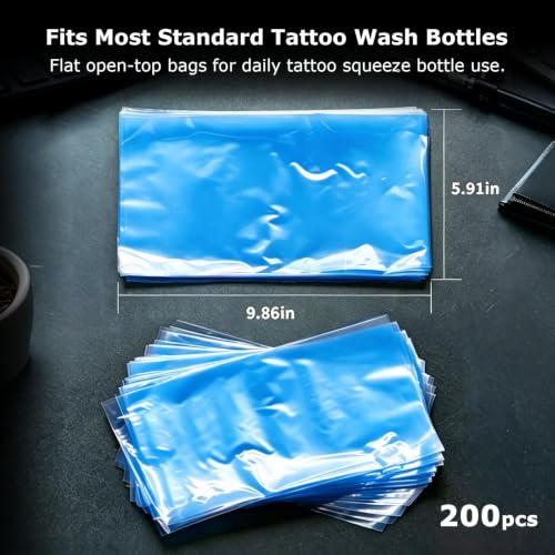 ZHOOGE Tattoo Wash Bottle Bags Tattoo Supplies, 200Pcs 9.8 x 5.9 in, Blue - color: Blue 200